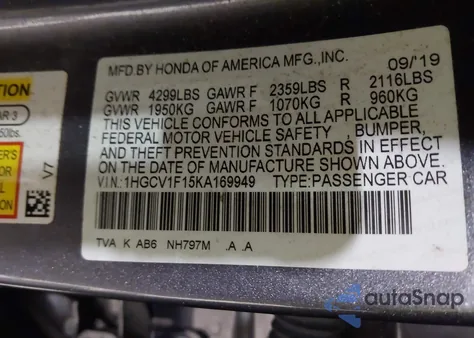 2019 Honda Accord Lx из США, поврежденный, VIN 1HGCV1F15KA169949